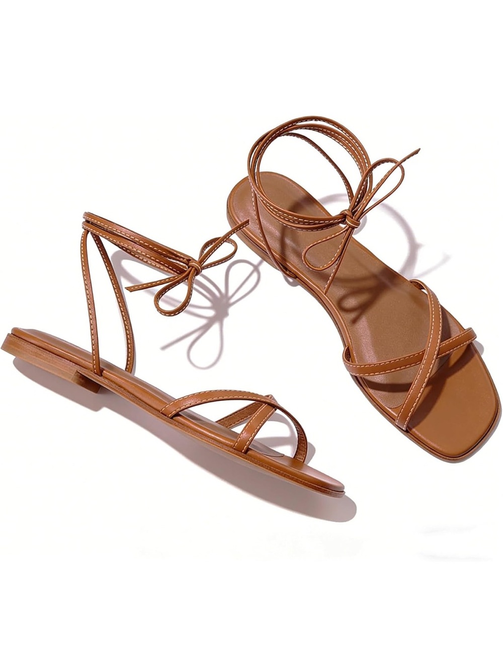 Women's Strappy Tie-Ankle Flat Sandals in Brown